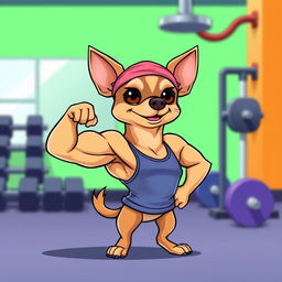 A cartoonish, muscular Chihuahua standing proudly with exaggerated biceps, wearing a tiny tank top and a headband