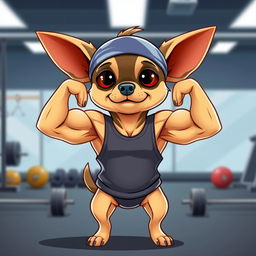 A cartoonish, muscular Chihuahua standing proudly with exaggerated biceps, wearing a tiny tank top and a headband