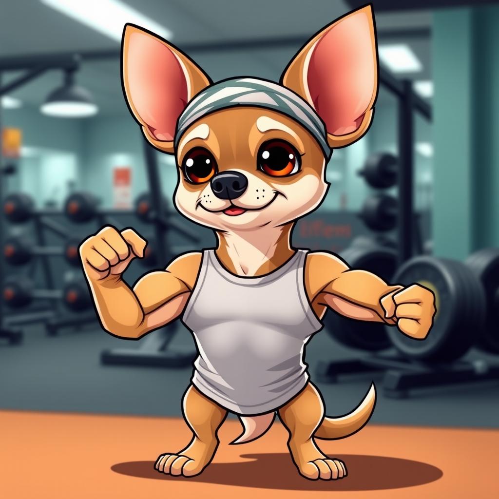 A cartoonish, muscular Chihuahua standing proudly with exaggerated biceps, wearing a tiny tank top and a headband