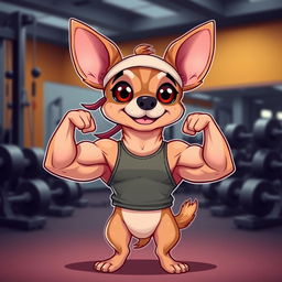 A cartoonish, muscular Chihuahua standing proudly with exaggerated biceps, wearing a tiny tank top and a headband