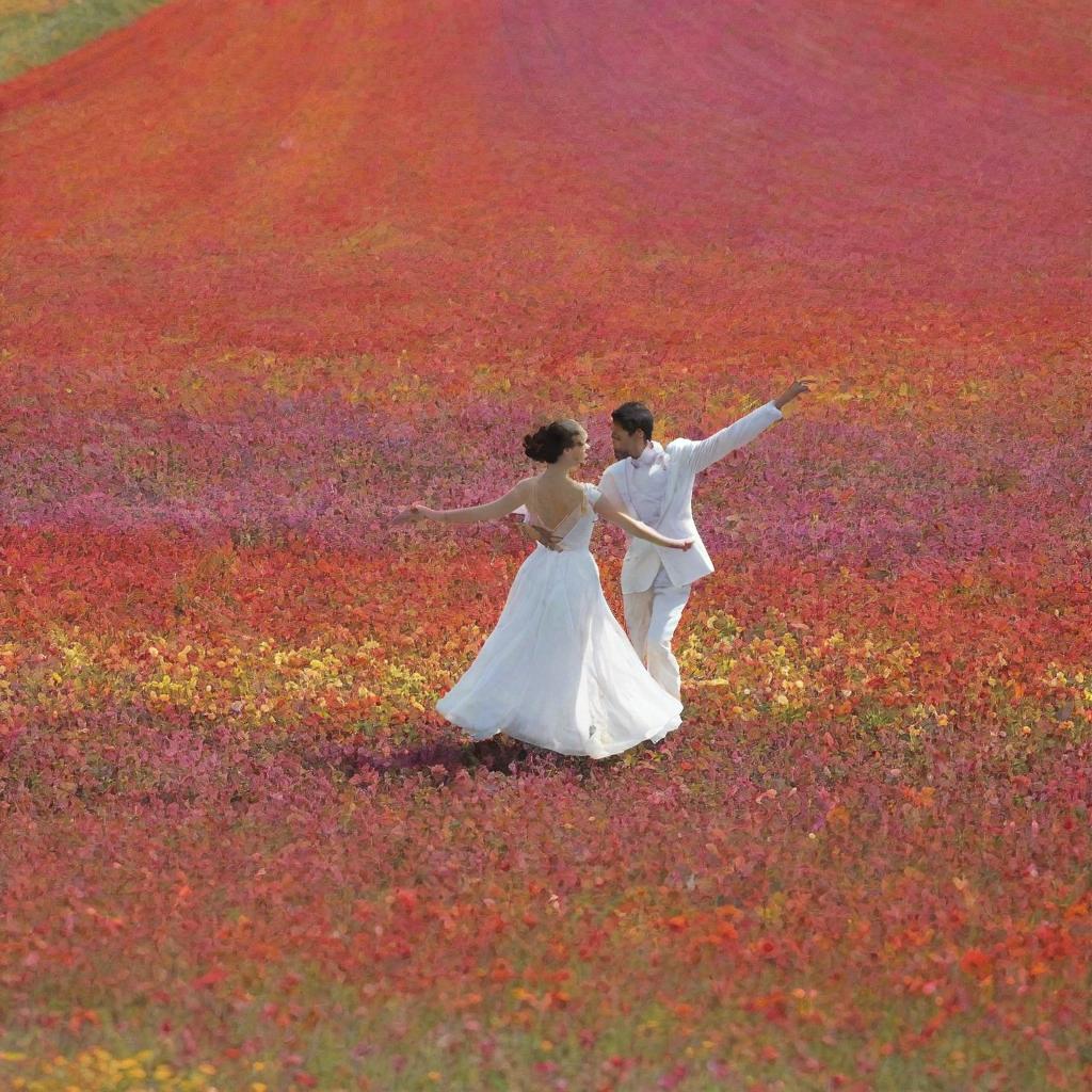 Two individuals engaged in a graceful dance, hovering above a vibrant field of multicolored flowers. The image is captured from a distant perspective, showcasing the scene's vast beauty.