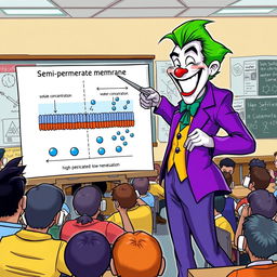 A colorful illustration of the Joker enthusiastically explaining osmosis