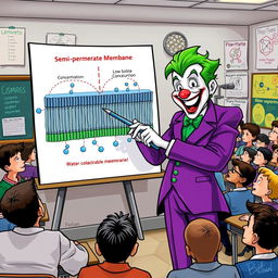 A colorful illustration of the Joker enthusiastically explaining osmosis