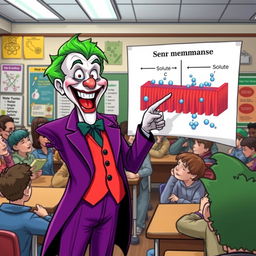 A colorful illustration of the Joker enthusiastically explaining osmosis