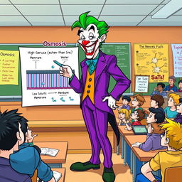 A colorful illustration of the Joker enthusiastically explaining osmosis