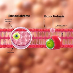 A semi-realistic depiction of endocytosis and exocytosis occurring at a cellular membrane