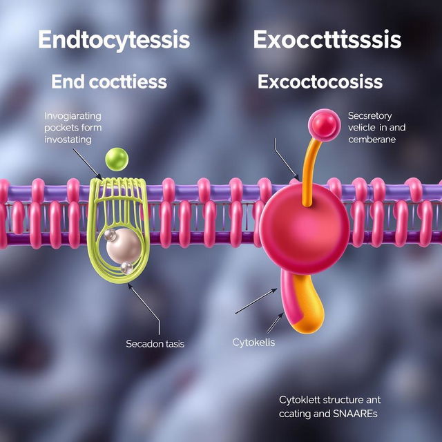 A semi-realistic depiction of endocytosis and exocytosis occurring at a cellular membrane