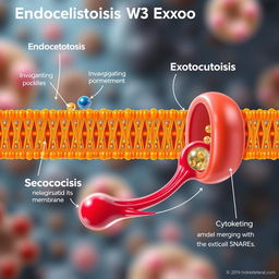 A semi-realistic depiction of endocytosis and exocytosis occurring at a cellular membrane