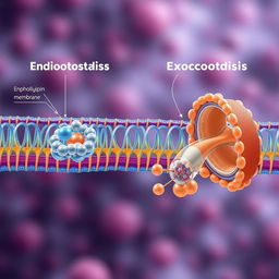 A semi-realistic depiction of endocytosis and exocytosis occurring at a cellular membrane