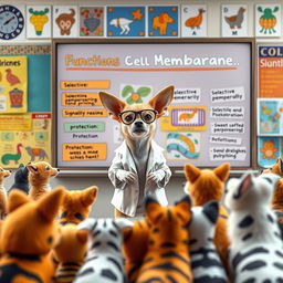 A charming Chihuahua standing in front of a colorful presentation board, animatedly explaining the functions of the cell membrane to an attentive audience of various cute animals