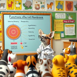 A charming Chihuahua standing in front of a colorful presentation board, animatedly explaining the functions of the cell membrane to an attentive audience of various cute animals