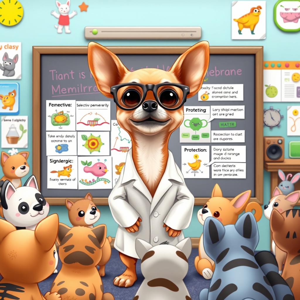 A charming Chihuahua standing in front of a colorful presentation board, animatedly explaining the functions of the cell membrane to an attentive audience of various cute animals