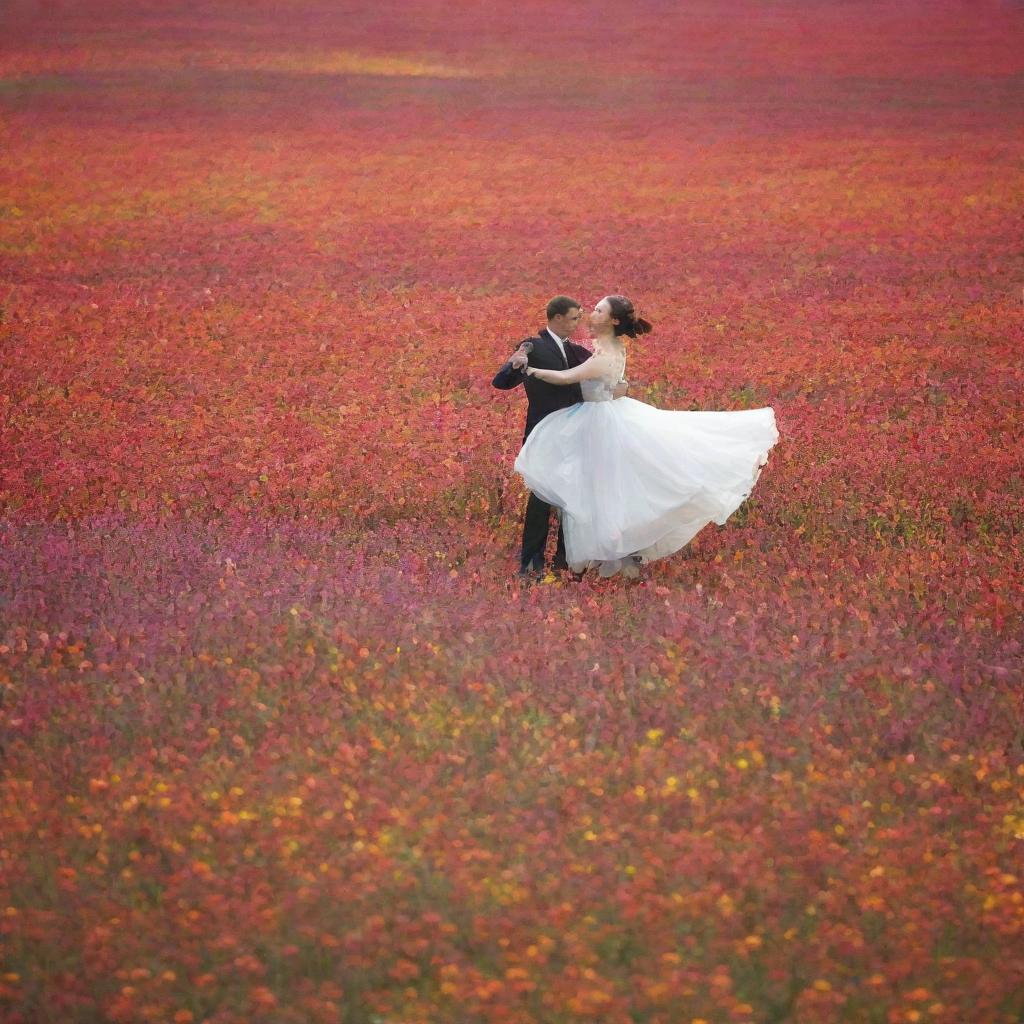 Two individuals engaged in a graceful dance, hovering above a vibrant field of multicolored flowers. The image is captured from a distant perspective, showcasing the scene's vast beauty.