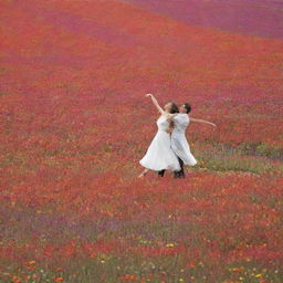 Two individuals engaged in a graceful dance, hovering above a vibrant field of multicolored flowers. The image is captured from a distant perspective, showcasing the scene's vast beauty.