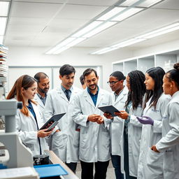 A diverse group of employed scientists at Pfizer and Amgen gathered together in a modern laboratory, showcasing teamwork and innovation in the field of biotechnology