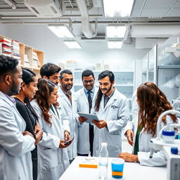 A diverse group of employed scientists at Pfizer and Amgen gathered together in a modern laboratory, showcasing teamwork and innovation in the field of biotechnology