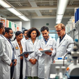 A diverse group of employed scientists at Pfizer and Amgen gathered together in a modern laboratory, showcasing teamwork and innovation in the field of biotechnology