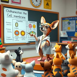 A lively Chihuahua standing on a small stage in a science classroom, passionately explaining the composition of the cell membrane