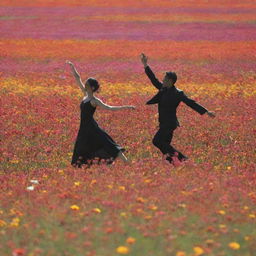 Two individuals engaged in a graceful dance, hovering above a vibrant field of multicolored flowers. The image is captured from a distant perspective, showcasing the scene's vast beauty.