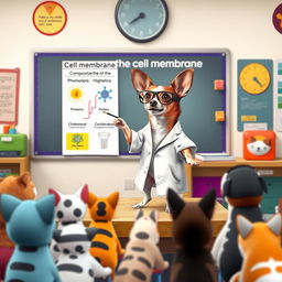 A lively Chihuahua standing on a small stage in a science classroom, passionately explaining the composition of the cell membrane