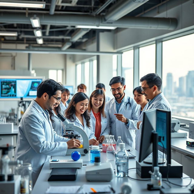 A diverse group of employed scientists working together in a state-of-the-art research facility in Singapore