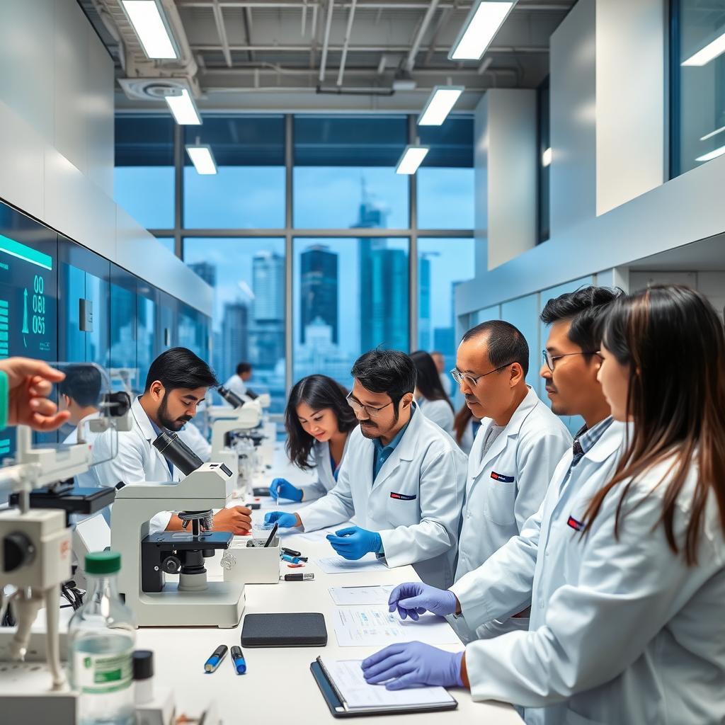 A diverse group of employed scientists working together in a state-of-the-art research facility in Singapore