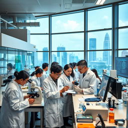 A diverse group of employed scientists working together in a state-of-the-art research facility in Singapore