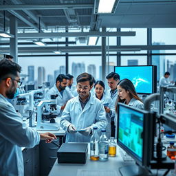 A diverse group of employed scientists working together in a state-of-the-art research facility in Singapore