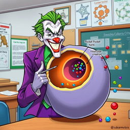 A vibrant illustration of the process of endocytosis, featuring the Joker humorously explaining the concept