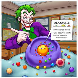 A vibrant illustration of the process of endocytosis, featuring the Joker humorously explaining the concept