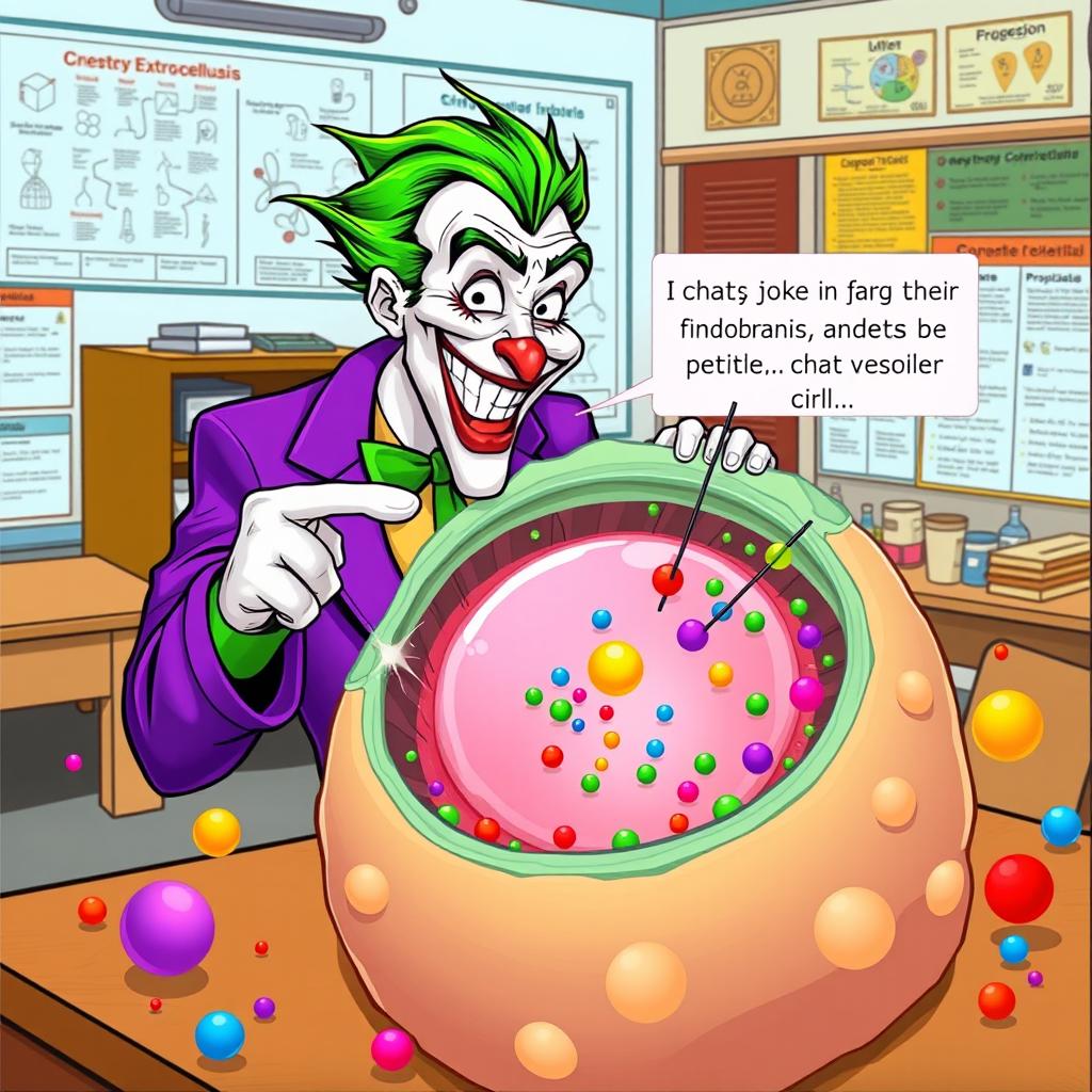 A vibrant illustration of the process of endocytosis, featuring the Joker humorously explaining the concept