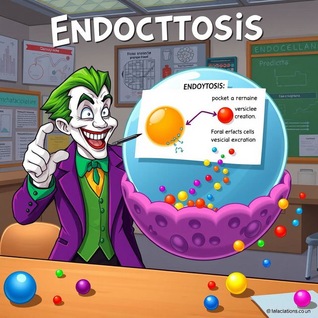 A vibrant illustration of the process of endocytosis, featuring the Joker humorously explaining the concept