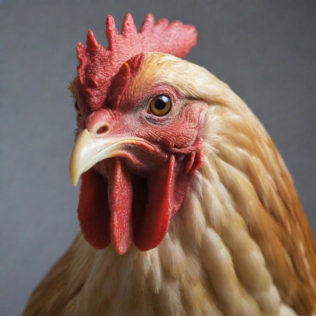 Further intensify the anger in the chicken's depiction, with dramatically flared feathers, narrowed eyes, and a wide-open beak as if clucking loudly.