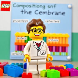 A whimsical Lego figure standing in front of a colorful science poster, enthusiastically explaining the composition of the cell membrane