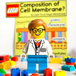 A whimsical Lego figure standing in front of a colorful science poster, enthusiastically explaining the composition of the cell membrane