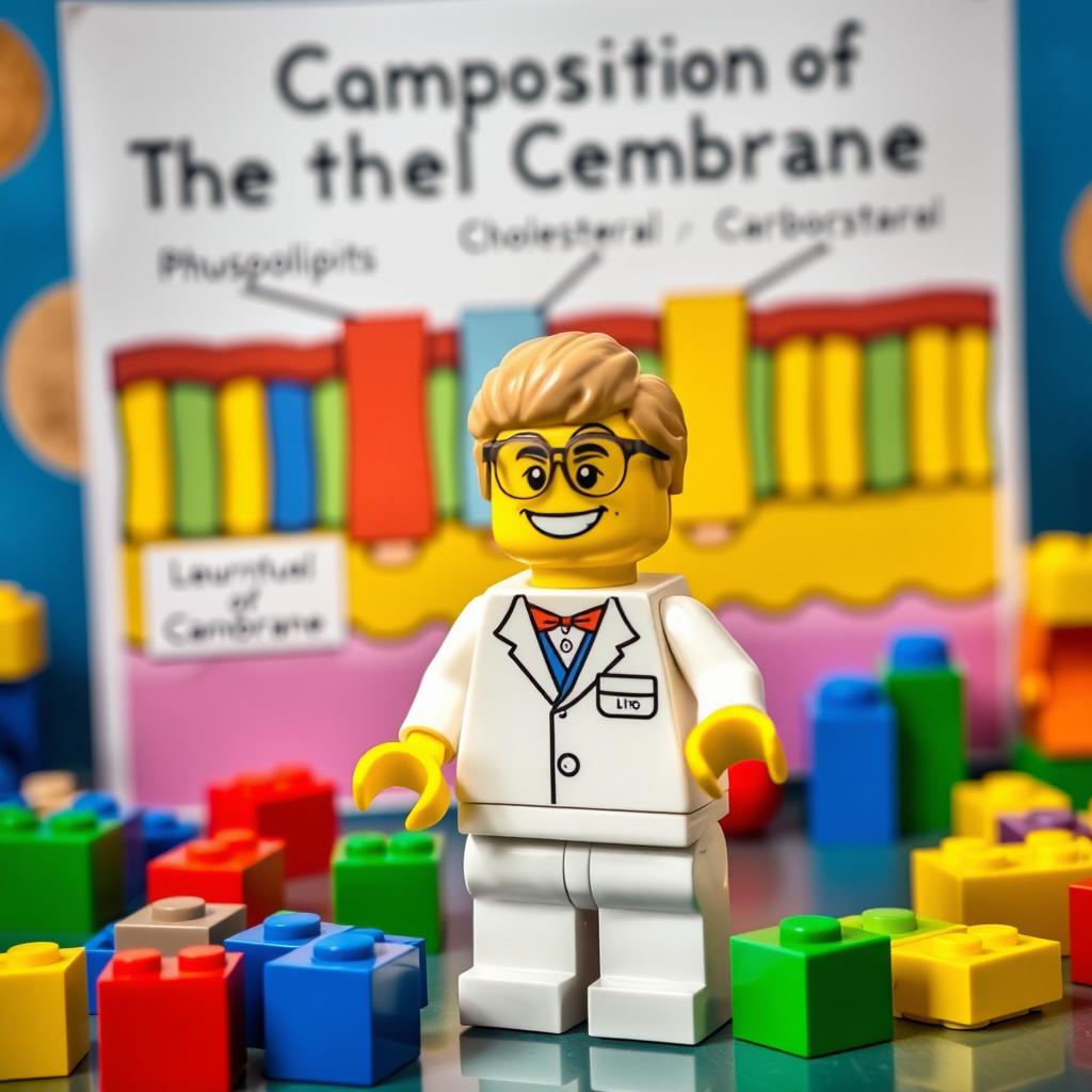 A whimsical Lego figure standing in front of a colorful science poster, enthusiastically explaining the composition of the cell membrane