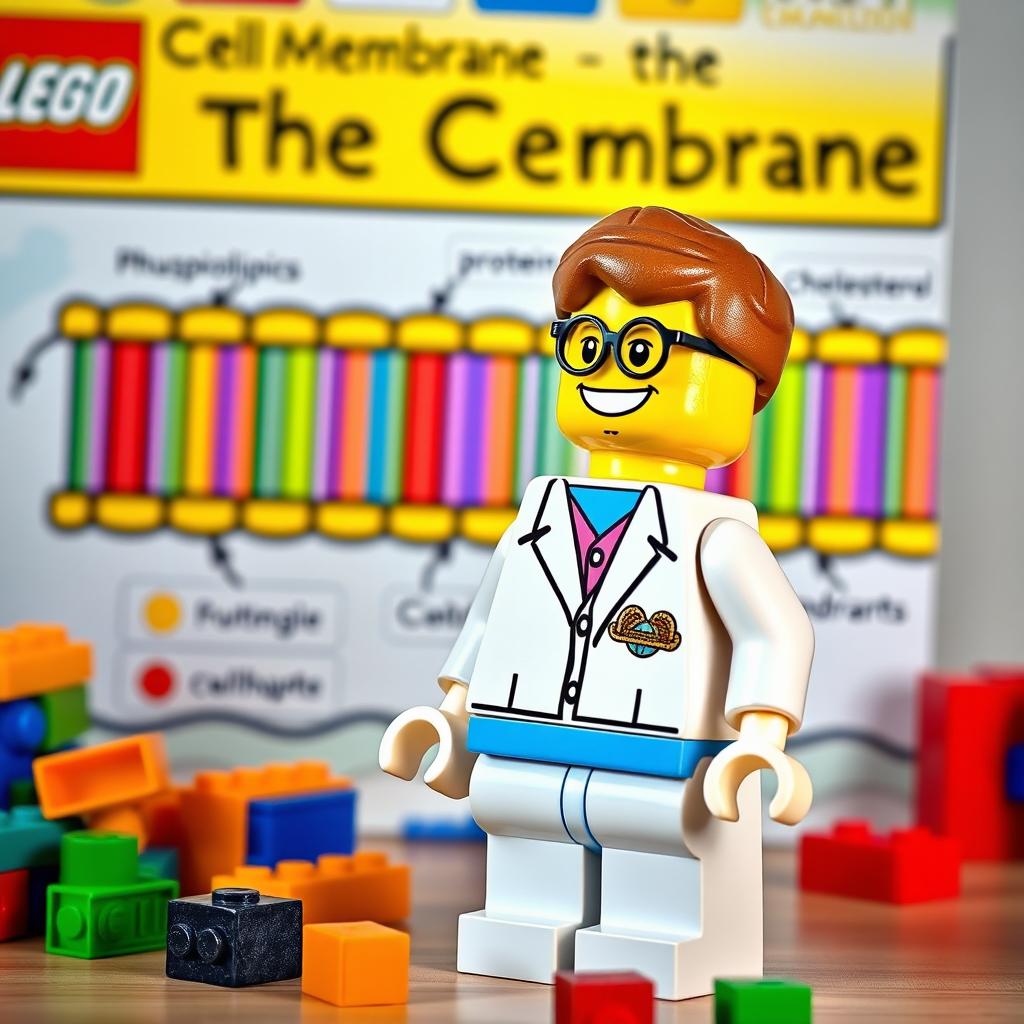 A whimsical Lego figure standing in front of a colorful science poster, enthusiastically explaining the composition of the cell membrane