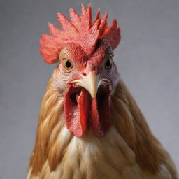 Further intensify the anger in the chicken's depiction, with dramatically flared feathers, narrowed eyes, and a wide-open beak as if clucking loudly.