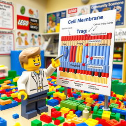 A cheerful Lego figure standing next to a large, colorful diagram of the cell membrane, enthusiastically explaining its components and functions