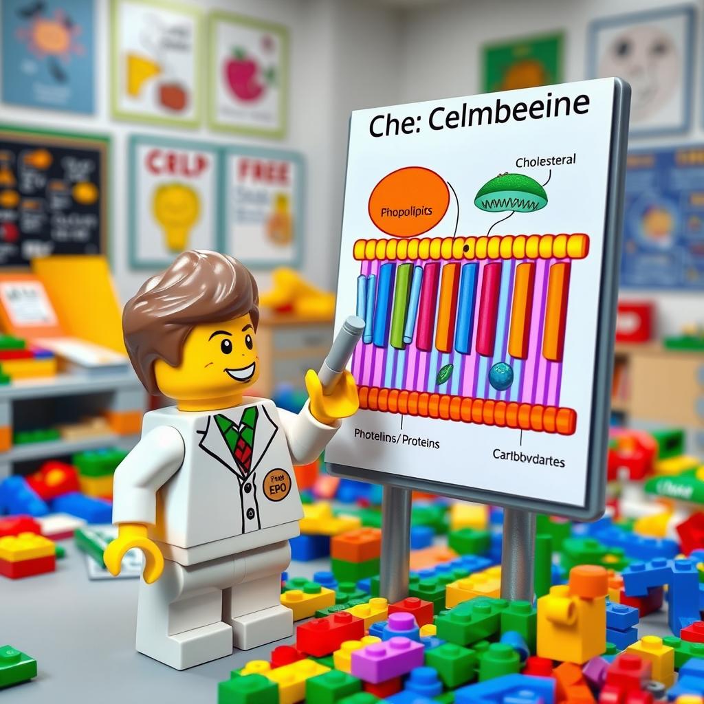 A cheerful Lego figure standing next to a large, colorful diagram of the cell membrane, enthusiastically explaining its components and functions