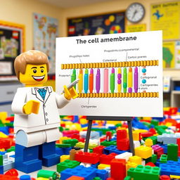 A cheerful Lego figure standing next to a large, colorful diagram of the cell membrane, enthusiastically explaining its components and functions