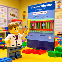 A cheerful Lego figure standing next to a large, colorful diagram of the cell membrane, enthusiastically explaining its components and functions