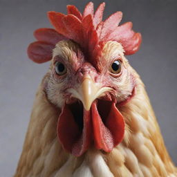 Further intensify the anger in the chicken's depiction, with dramatically flared feathers, narrowed eyes, and a wide-open beak as if clucking loudly.