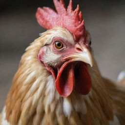 Further intensify the anger in the chicken's depiction, with dramatically flared feathers, narrowed eyes, and a wide-open beak as if clucking loudly.