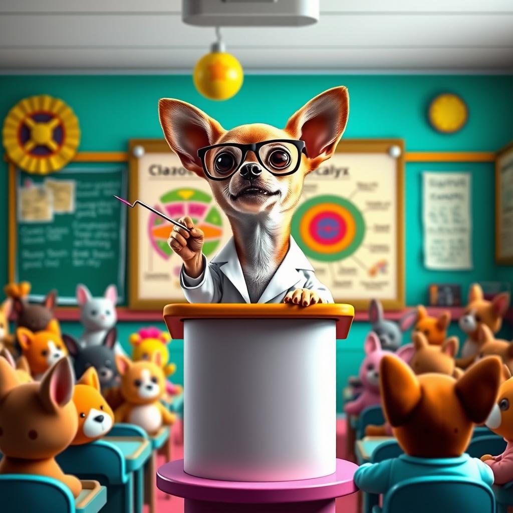 A charming Chihuahua standing on a small podium in a vibrant classroom, excitedly explaining the concept of the glycocalyx