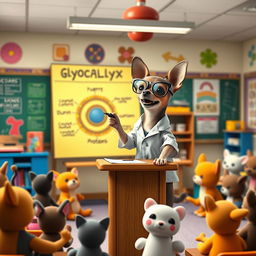 A charming Chihuahua standing on a small podium in a vibrant classroom, excitedly explaining the concept of the glycocalyx