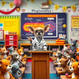 A charming Chihuahua standing on a small podium in a vibrant classroom, excitedly explaining the concept of the glycocalyx