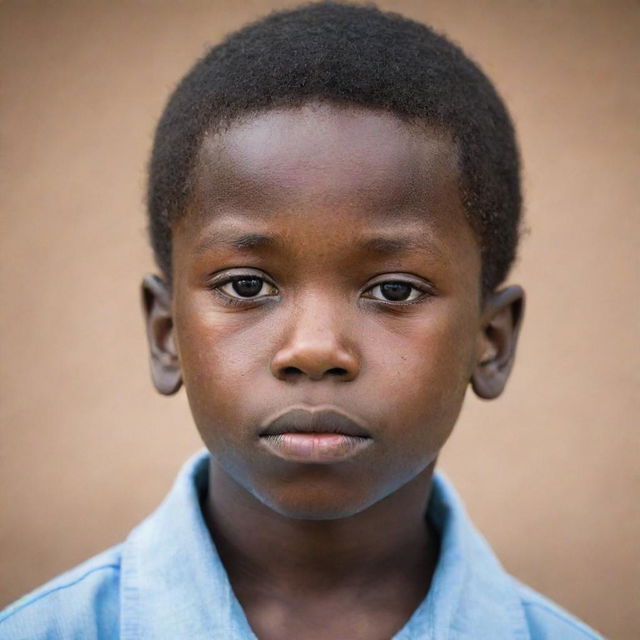 A thoughtful African boy, lost in deep contemplation, his eyes gazing into the distance.