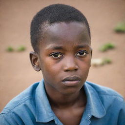 A thoughtful African boy, lost in deep contemplation, his eyes gazing into the distance.