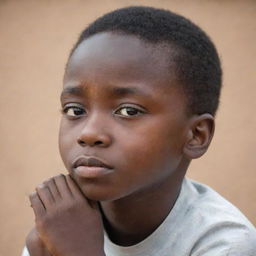 A thoughtful African boy, lost in deep contemplation, his eyes gazing into the distance.